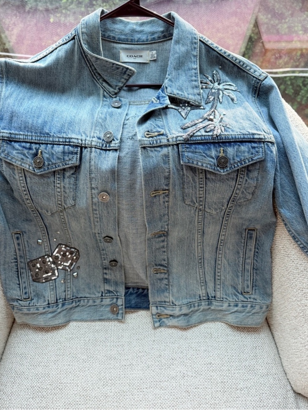 COACH Light Blue Embroidered Denim Trucker Jacket